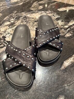Mila Paoli Leather Black Studded Crisscross Slide Sandals Made in Italy